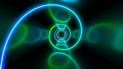 Sci Fy neon lamps in a dark tunnel. Reflections on the floor and walls. 3d rendering image.