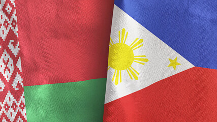 Philippines and Belarus two flags textile cloth 3D rendering