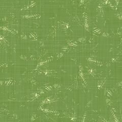Bright line green tropical foliage seamless pattern. High quality illustration. Vivid but simple palm tree leaves in happy light green shades with linen fabric texture overlay.