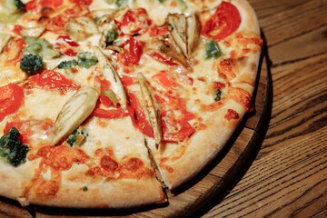 Pizza on wooden table top view. Fast food. Post blog social media. with copy space. Pizza ready to eat