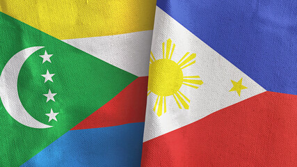 Philippines and Comoros two flags textile cloth 3D rendering