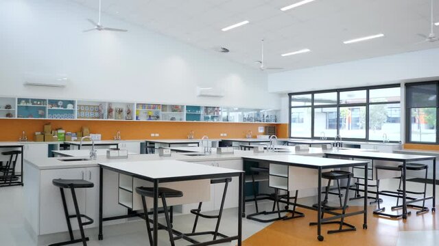 Empty Clean Science Classroom At A Modern School, PAN RIGHT