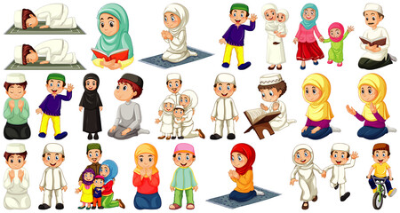 Obraz na płótnie Canvas Set of different muslim people cartoon character isolated on white background
