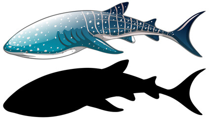 Whale shark characters and its silhouette on white background