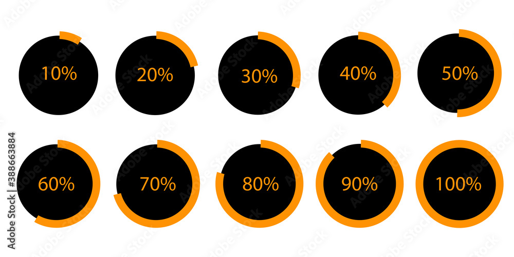 Poster vector set of circular progress bars. percentage infographic icons. orange bootloaders. step by step