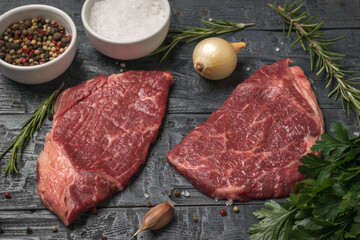 Two beef steaks, onions and rosemary on a wooden table.