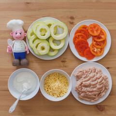 Ingredients for cooking - vegetables and minced meat