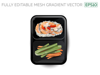 Shrimps with rice and vegetables in a lunchbox.