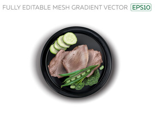 Boiled turkey meat with broccoli on a black plate.