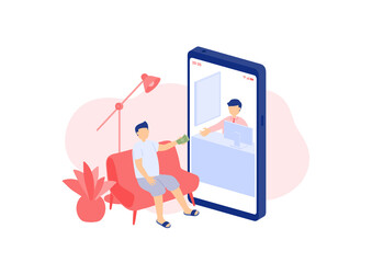 Social distancing stay at home, Miniature tiny people transfer digital money, Smartphone online banking application concept Poster or social banner illustration on white background, copy space vector