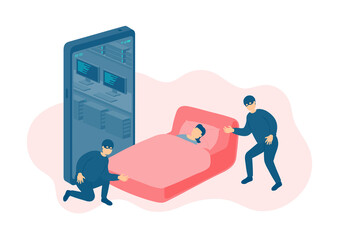 Miniature tiny people sleep victim of cybercrime online hacker, Smartphone malware application concept design Poster or social banner illustration on white background with copy space, vector