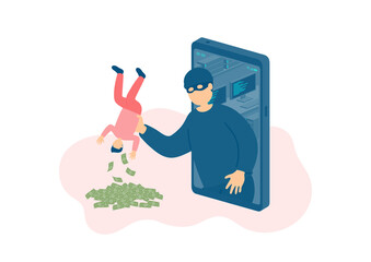 Miniature man tiny people victim of cybercrime online hacker, Smartphone malware application concept design Poster or social banner illustration on white background with copy space, vector