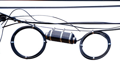 Fiber Optic Cables with Fiber Optic Closure Splice Outdoor Box on white background.