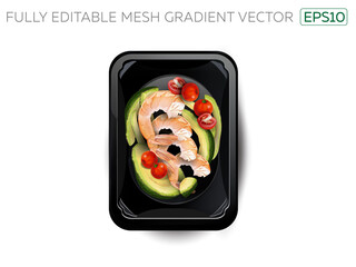 Shrimps with avocado and cherry tomatoes in a lunchbox.