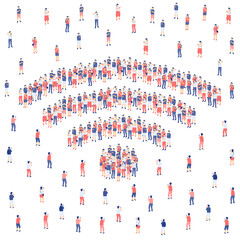 Wifi sign from Miniature crowd group, Internet social network wireless technology for people concept Poster or social banner design illustration on white background with copy space, vector