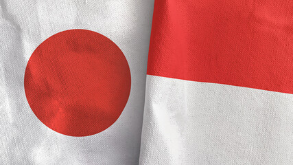 Indonesia and Japan two flags textile cloth 3D rendering