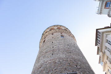 Bottom up view of Galata tower in Istanbul city, Turkey