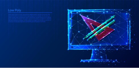 Polygonal computer with centimeter and pen with pencil on dark blue tech background, triangles and particle style design. 