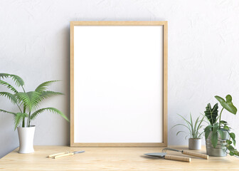 Fototapeta na wymiar blank frame on the wall with plant. 3d illustration