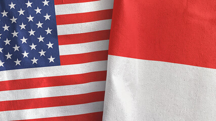 Indonesia and United States two flags textile cloth 3D rendering