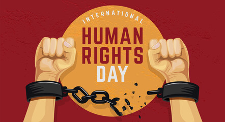 Human rights day poster illustration with raised hand breaking the chain