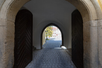 Fototapeta premium Downtown in Trebon. This is a historical town in South Bohemian Region. Czech Republic. Trebon city is famous tourist destination with many landmarks and lakes around.