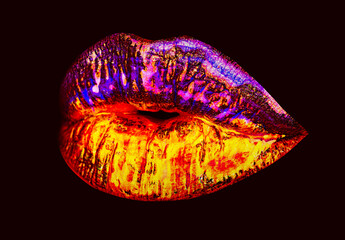 Sexy lip. Neon lipstick, gold mouth. Isolated on black.