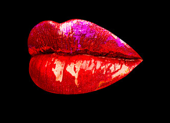 Sexy lip with red lipstick, kiss. Isolated on black background.