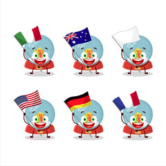 Snowball with gift cartoon character bring the flags of various countries
