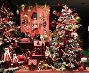 Christmas decoration items in a shop window