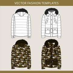 Lightweight puffer jacket. winter jacket isolated. army jacket front and back view. © didaku
