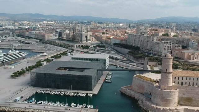 Aerial view of Marseille, France - Marseille Cathedral, Fort Saint-Jean and MUCEM museum on a beautiful summer day