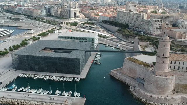 Aerial view of Marseille, France - Marseille Cathedral, Fort Saint-Jean and MUCEM museum on a beautiful summer day