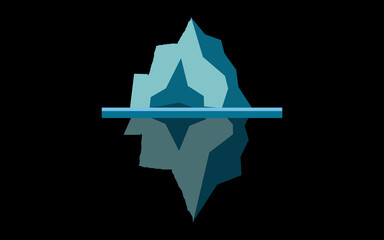 Isolated iceberg on black background , flat style illustration. front view of the ice mountain and his reflection underwater. success concept 
