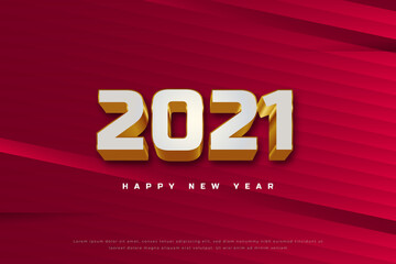 Happy new year 2021 banner with white and gold 3d numbers on red abstract background