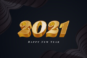 2021 Happy new year banner or poster with 3d golden numbers on black background