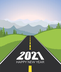 Happy new year 2021 road perspective with mountain