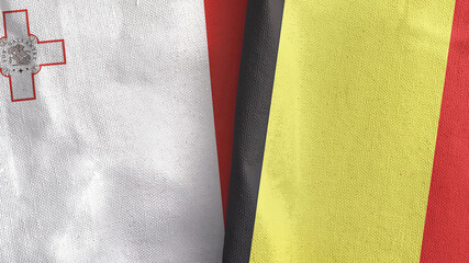 Belgium and Malta two flags textile cloth 3D rendering
