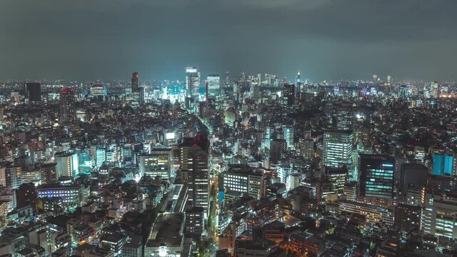 High Altitude Zoom Out Timelapse Shot Of Tokyo City Japan At Night