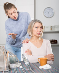 Offended mature woman turned away after quarrel with her adult daughter
