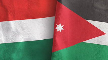 Jordan and Hungary two flags textile cloth 3D rendering