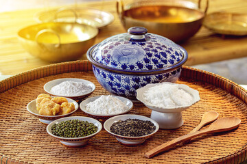 roasted green beans, roasted sesame, brown sugar, wheat flour, coconut milk, ingredients of Thai fried desserts in thai kitchen