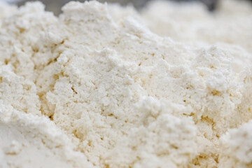 White curd cottage cheese texture, dairy production top view
