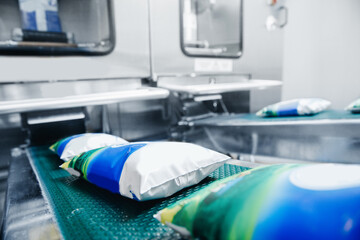 Dairy factory, plastic bags of packaged milk in automatic filling conveyor