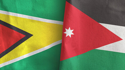 Jordan and Guyana two flags textile cloth 3D rendering