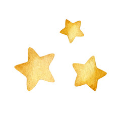 Golden watercolor stars gingerbread cookies isolated on a white background. Hand painted christmas decorative elements