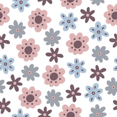 Seamless pattern with hand drawn flowers art objects on a white background. Doodle, simple illustration. It can be used for decoration of textile, paper and other surfaces.