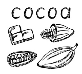 Hand-drawn black and white vector drawing in engraving style. Cocoa tree fruit, grains, chocolate, lettering. Set for the design of products, labels, packaging.