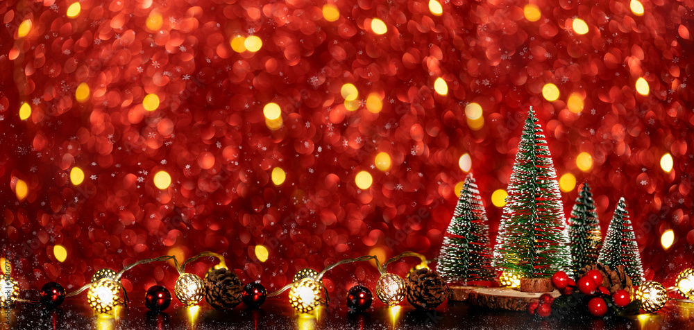 Poster merry christmas tree and happy new year background on red glitter sparkling string lights festive bo
