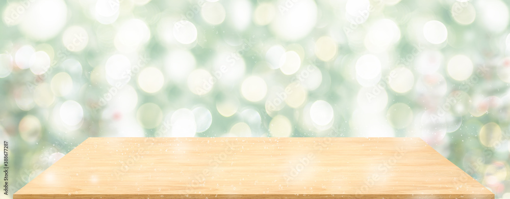 Aufkleber perspective wood table with blur christmas tree decorate string light .panoramic banner mockup for p
